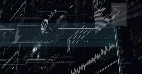 Image of data processing over screens on black background Foto stock