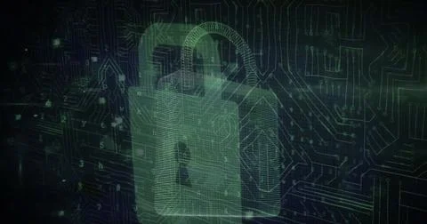 Image of data processing over security padlock icon against microprocessor イラスト素材