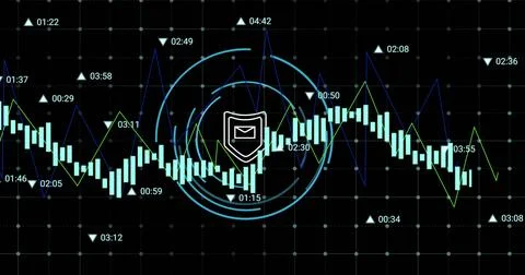 Image of data processing over security shield icon on round scanner against 库存插图