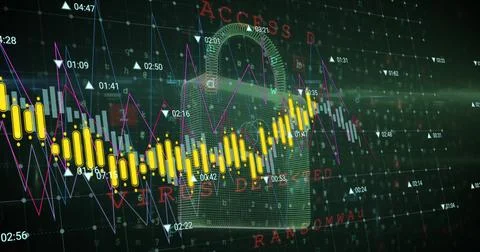 Image of data processing over security padlock icon against green background Illustrazione stock