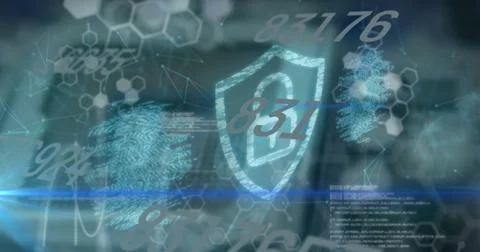 Image of data processing over security padlock icon and biometric fingerprint Stock Photos