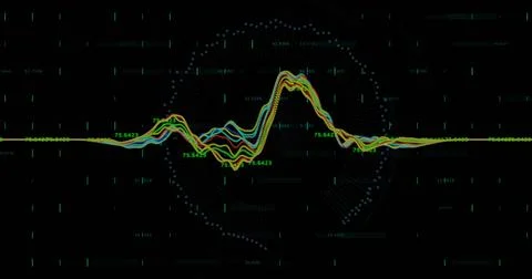 Image of data processing over security padlock on round scanner against bla.. Foto stock