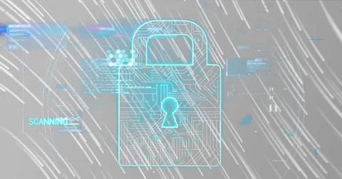 Image of data processing over security padlock icon against light trails on grey Stockfoto's