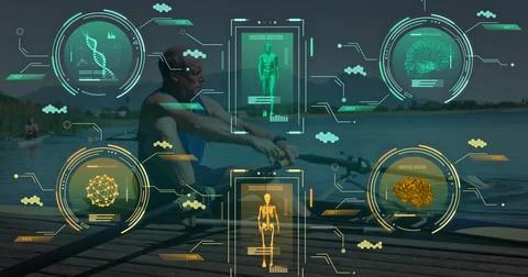 Image of data processing over senior caucasian man rowing Stock Photos