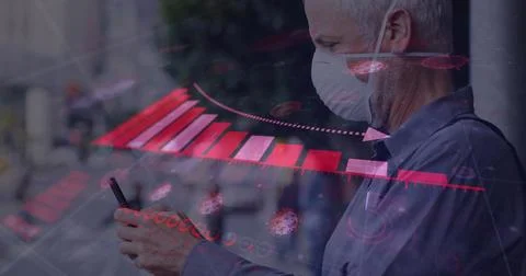 Image of data processing over senior man wearing face mask 库存照片