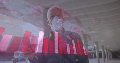 Image of data processing over senior man wearing face mask 스톡 사진