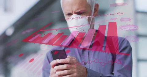 Image of data processing over senior man wearing face mask Stock Photos