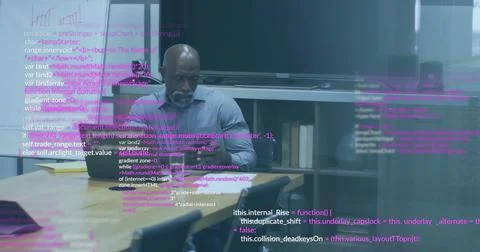 Image of data processing over senior african american man using smartphone and Stock Photos