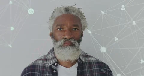 Image of data processing over senior african american man smiling Stock Photos
