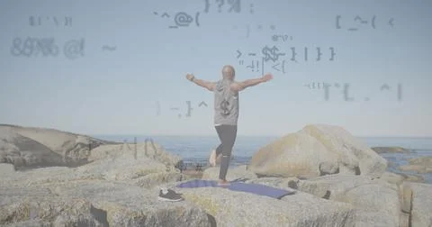 Image of data processing over senior african american man practicing yoga at Stock Photos