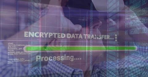 Image of data processing over senior caucasian man using vr headset Foto stock