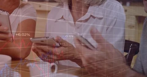 Image of data processing over senior caucasian women using smartphone Stock Photos