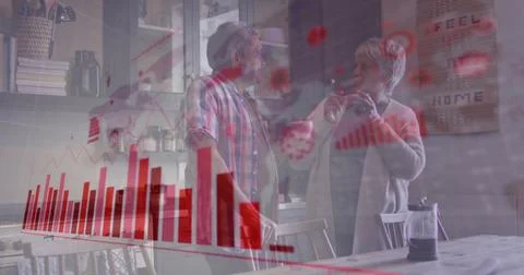 Image of data processing over senior biracial couple talking Foto stock