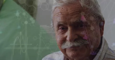 Image of data processing over senior man smiling Stock Photos