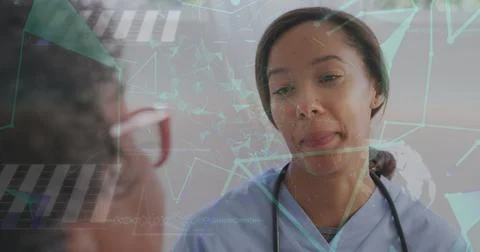 Image of data processing over senior african american woman with nurse Stock Photos