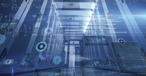 Image of data processing over server room Illustrazione stock