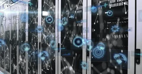 Image of data processing over server room Stockillustratie