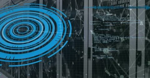 Image of data processing over server room Illustrazione stock