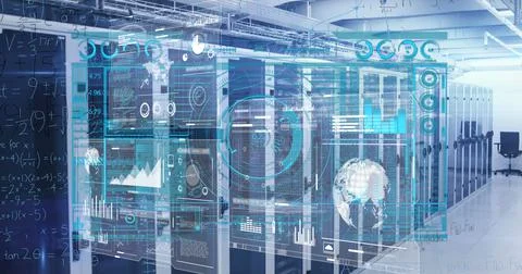 Image of data processing over server room 스톡 사진