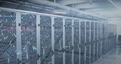 Image of data processing over server room Stockfoto's