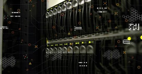 Image of data processing over server room Stockfoto's