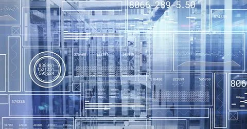 Image of data processing over server room 스톡 사진