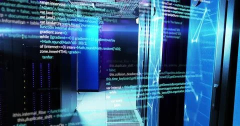 Image of data processing over server room 스톡 사진