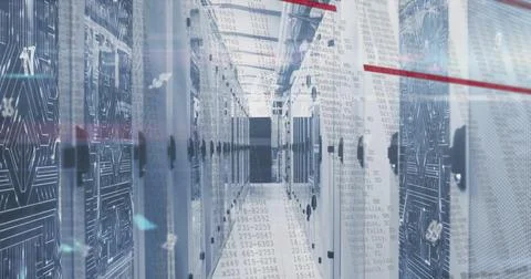 Image of data processing over server room 스톡 사진