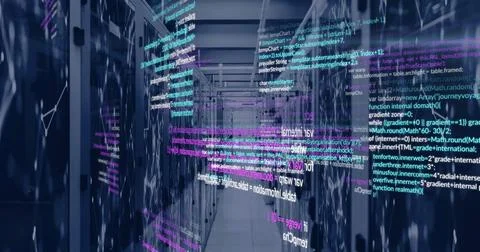 Image of data processing over server room 스톡 사진