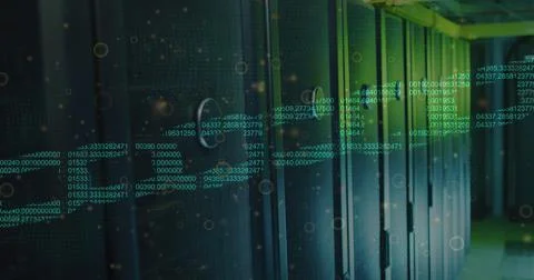 Image of data processing over server room 스톡 사진