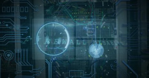 Image of data processing over server room Stockfoto's