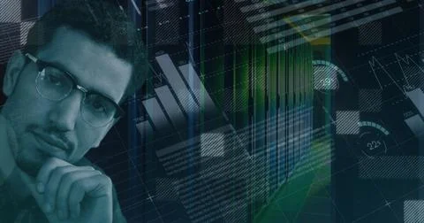 Image of data processing over server room and caucasian man Stock Photos