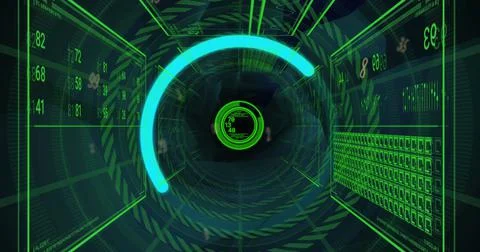 Image of data processing over shapes on black background Stock Illustration