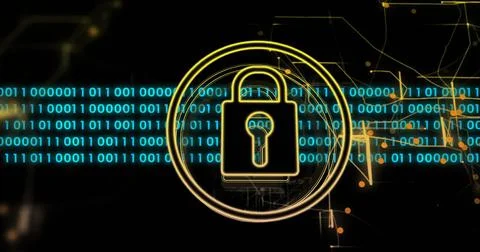Image of data processing over shapes and padlock Illustrazione stock