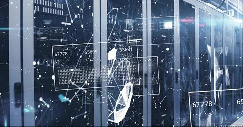 Image of data processing over shapes and server room Stock Illustration