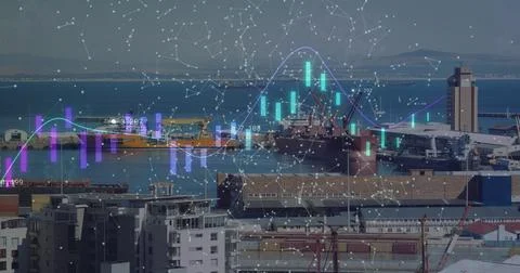 Image of data processing over shapes and port Stockfoto's