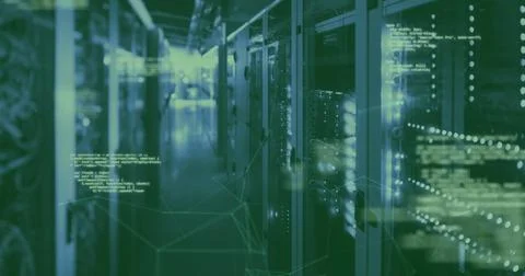 Image of data processing over shapes and server room Stock Photos