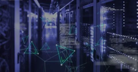 Image of data processing over shapes and server room Stock Photos