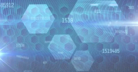 Image of data processing over shapes on blue background 스톡 사진