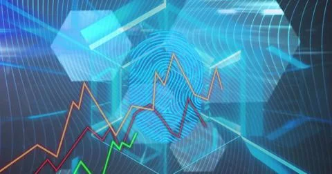 Image of data processing over shapes on black background 스톡 사진