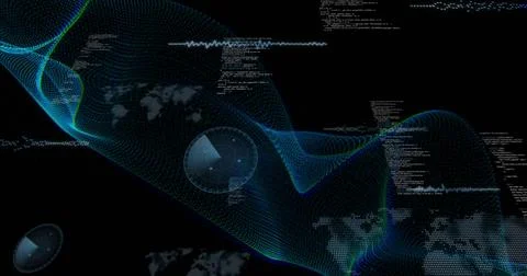 Image of data processing over shapes on black background Stockfoto's