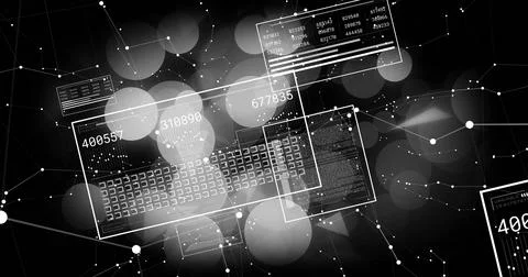 Image of data processing over shapes and white spots Stock-Fotos