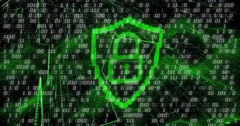 Image of data processing over shield with padlock icon on black background 库存插图