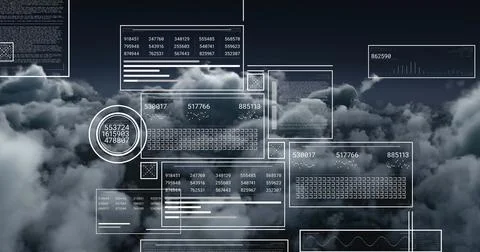 Image of data processing over sky with clouds Stockfoto's