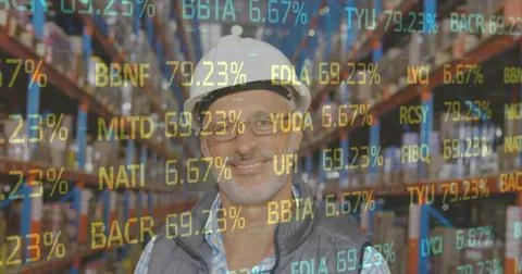 Image of data processing over smiling man working in warehouse 스톡 사진