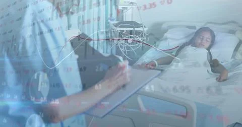 Image of data processing over smiling caucasian female doctor with girl patient Stock Photos