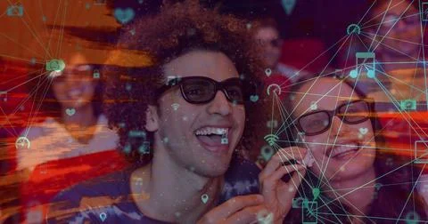 Image of data processing over smiling caucasian couple eating popcorn in cinema Fotos Stock