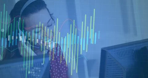 Image of data processing over smiling caucasian businesswoman using headset 스톡 사진