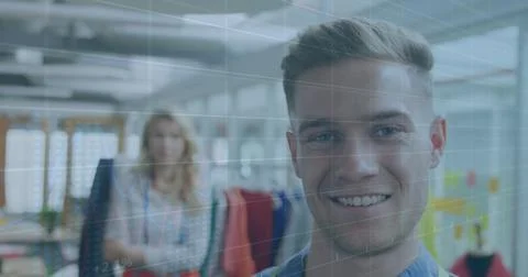 Image of data processing over smiling caucasian business people in office Foto stock