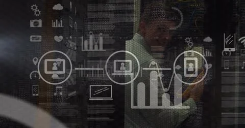 Image of data processing over smiling caucasian businesswoman padlock and Stock Photos